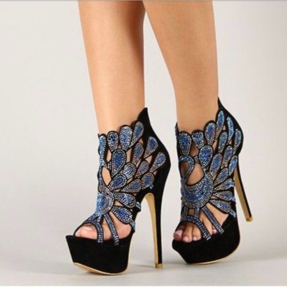 Vigo Fiore Luxy-4 Black Suede with Blue Silver Rhinestones Size 7